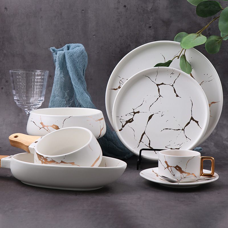 Set de vesela pentru restaurant Set de cina pentru petreceri Seturi de vesela marmorate Seturi de farfurii si boluri cu glazura nordica, lavabil pentru cuptor/masina de spalat vase 