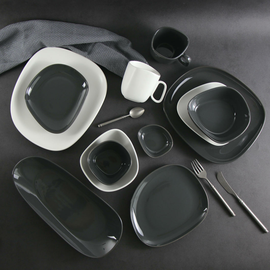 ROLLIN PORCELAN 16 buc Set de cină din gresie neregulată - Farfurie plată pătrată, farfurie laterală, castron, cană 