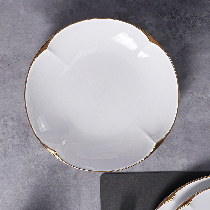 Set de farfurii înalte din ceramică albă Set de veselă durabilă din porțelan, cu ornamente aurii