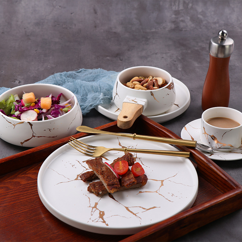 Set de vesela pentru restaurant Set de cina pentru petreceri Seturi de vesela marmorate Seturi de farfurii si boluri cu glazura nordica, lavabil pentru cuptor/masina de spalat vase 