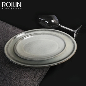 Farfurie ovală cu glazură reactivă Veselă de cină din porțelan, farfurie ceramică pentru restaurante 14 inch