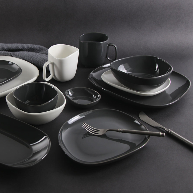 ROLLIN PORCELAN 16 buc Set de cină din gresie neregulată - Farfurie plată pătrată, farfurie laterală, castron, cană 
