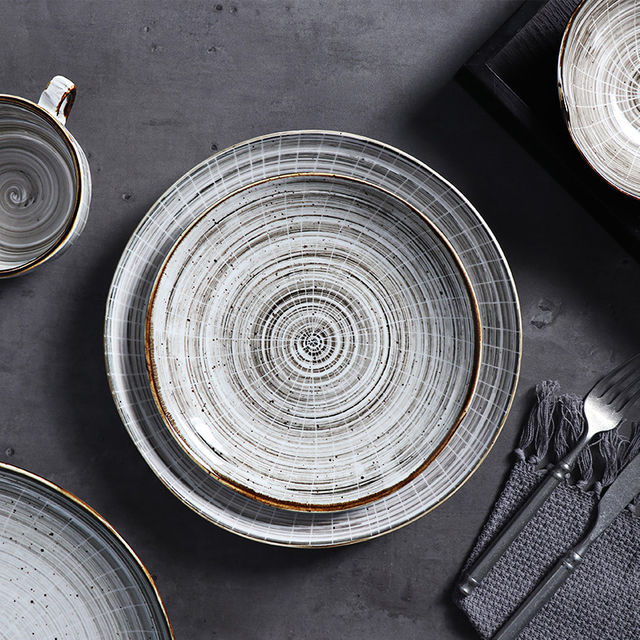 Dubai Restaurant Veselă Teller Platos Western Food Vase din porțelan Set plat lucrat manual farfurie din ceramică gri cu pată