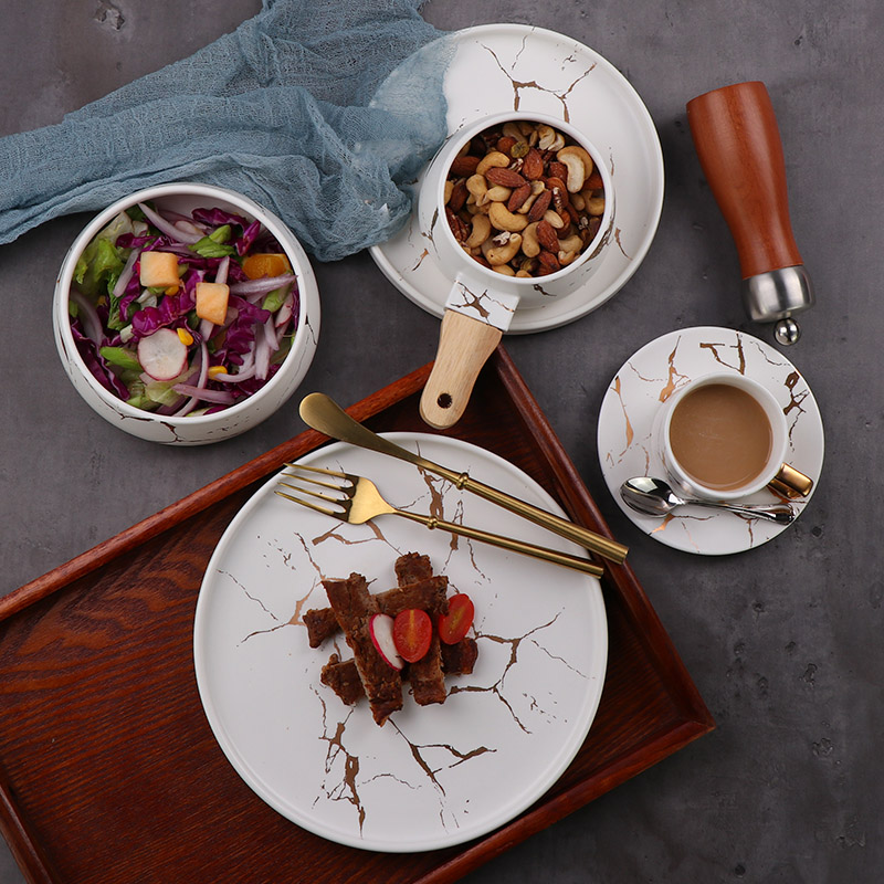Set de vesela pentru restaurant Set de cina pentru petreceri Seturi de vesela marmorate Seturi de farfurii si boluri cu glazura nordica, lavabil pentru cuptor/masina de spalat vase 