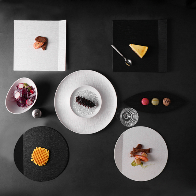 Set de veselă din porțelan alb negru, set de farfurii de restaurant