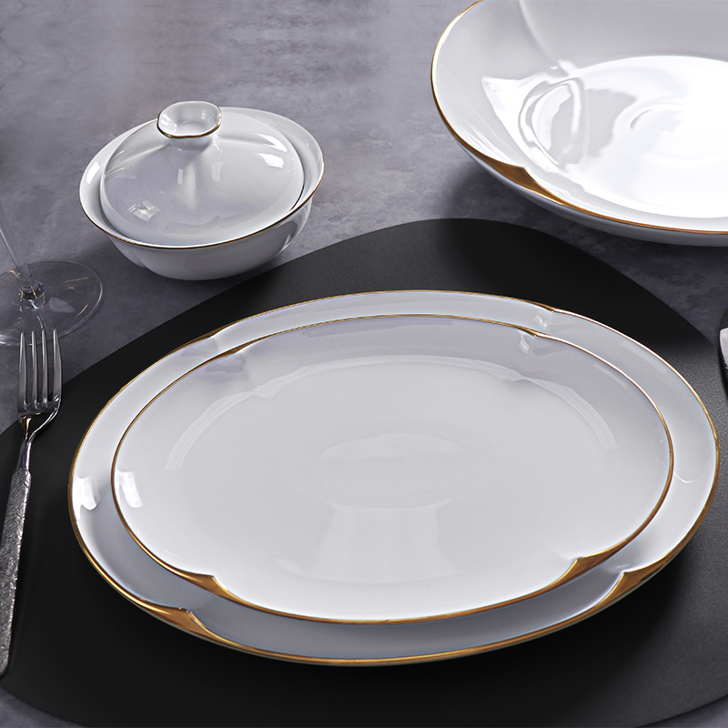 Set de farfurii înalte din ceramică albă Set de veselă durabilă din porțelan, cu ornamente aurii
