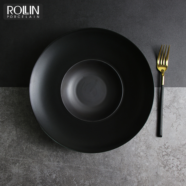 Farfurie cu paste frantuzesti negre mat cu margine lata Farfurie pentru supa din ceramica pentru restaurant