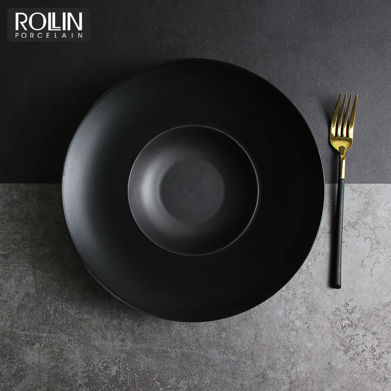 Farfurie cu paste frantuzesti negre mat cu margine lata Farfurie pentru supa din ceramica pentru restaurant