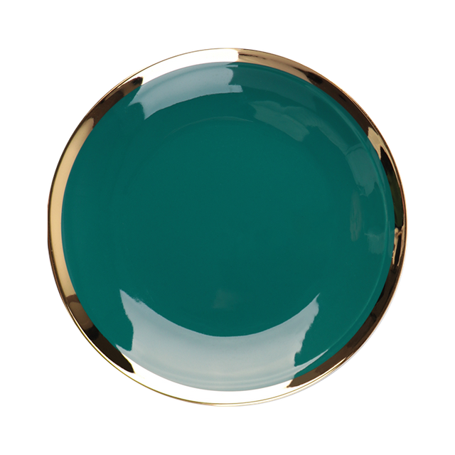Farfurie rotundă din ceramică de culoare verde neregulată cu margine aurie