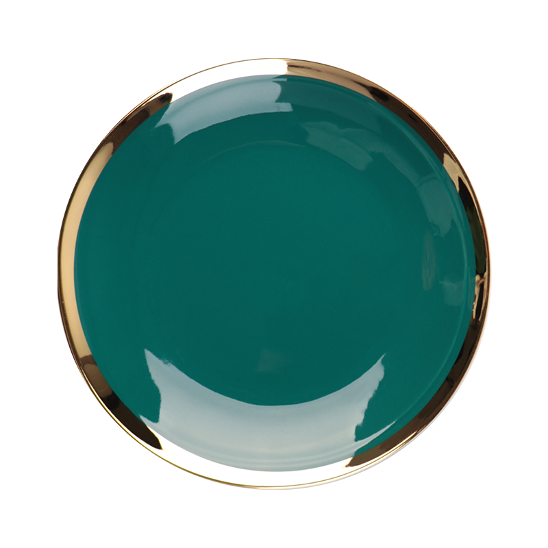 Farfurie rotundă din ceramică de culoare verde neregulată cu margine aurie