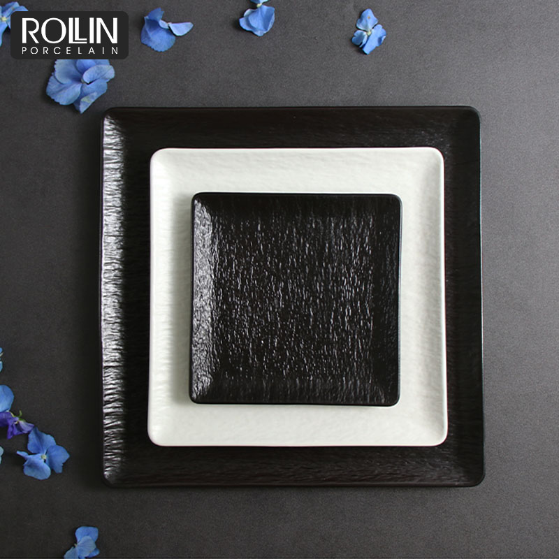 Farfurii de încărcare negre Farfurie pătrată alb-negru. Set de farfurii din gresie din China, la mașina de spălat vase, vesela pentru hotel