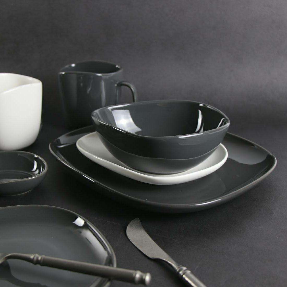 ROLLIN PORCELAN 16 buc Set de cină din gresie neregulată - Farfurie plată pătrată, farfurie laterală, castron, cană 