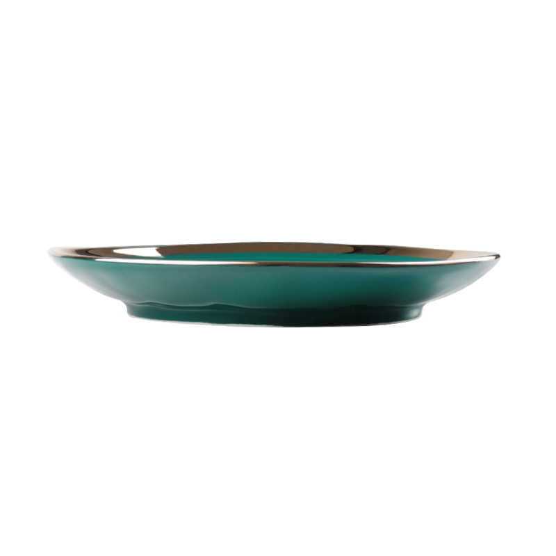 Farfurie rotundă din ceramică de culoare verde neregulată cu margine aurie