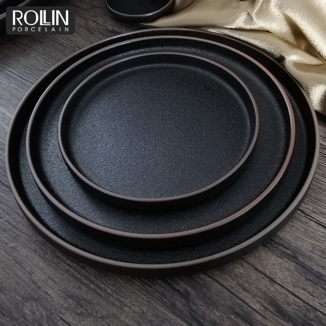Restaurant Supplies Farfurie neagra Cercuri mat Farfurii rotunde pentru cină Farfurie cu friptură din ardezie