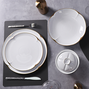 Set de farfurii înalte din ceramică albă Set de veselă durabilă din porțelan, cu ornamente aurii