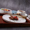 Farfurie rotundă, aurita, marmorată, din ceramică, cu friptură de paste, pentru restaurant, pentru hotel, veselă, vesela, ustensile de bucătărie