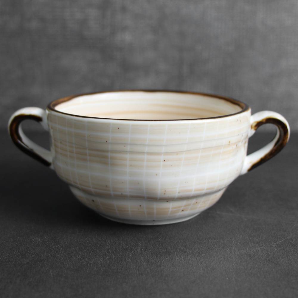 Bol francez pentru supă de ceapă Bol pentru supă din ceramică cu două mânere - culoare bej 