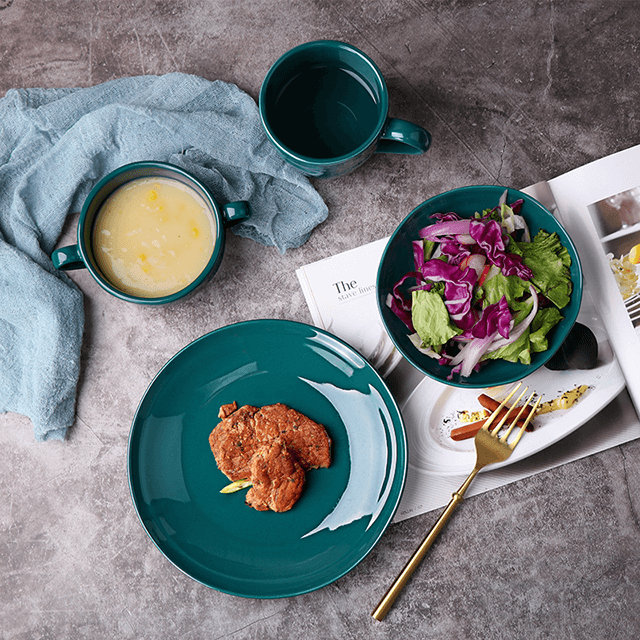 Veselă de lux Set de farfurii, aur, verde, veselă din porțelan, set de cină Happy Singles, veselă din gresie ceramică lucioasă pentru hotel