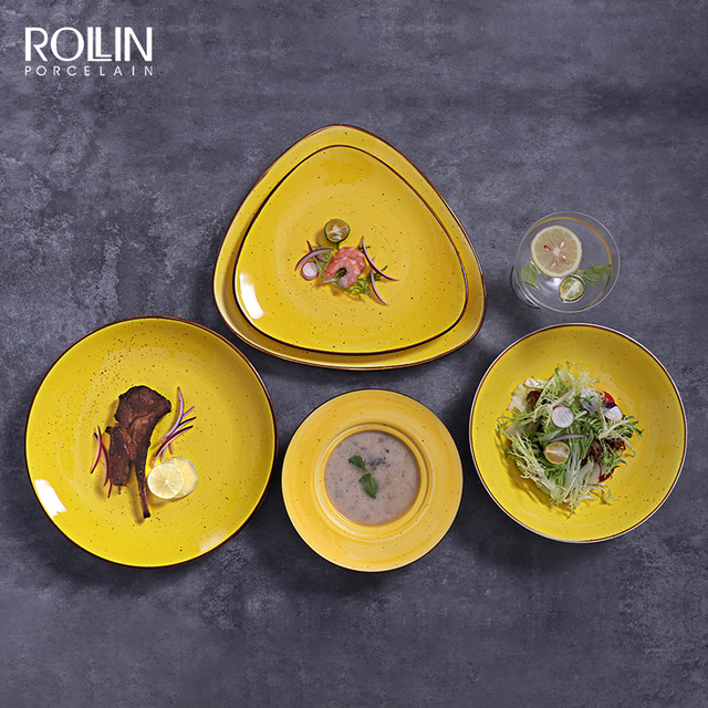 Set de cină din porțelan, galben personalizat, set de farfurii din ceramică pentru mese la hotel